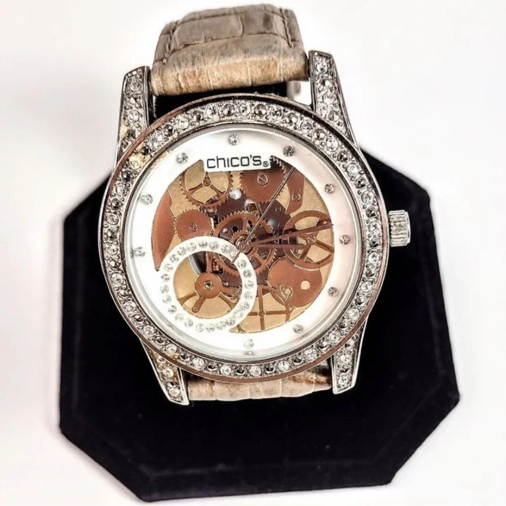 Chico's Running Tan Leather Strap Watch with Rhinestones Silver White Gold 9